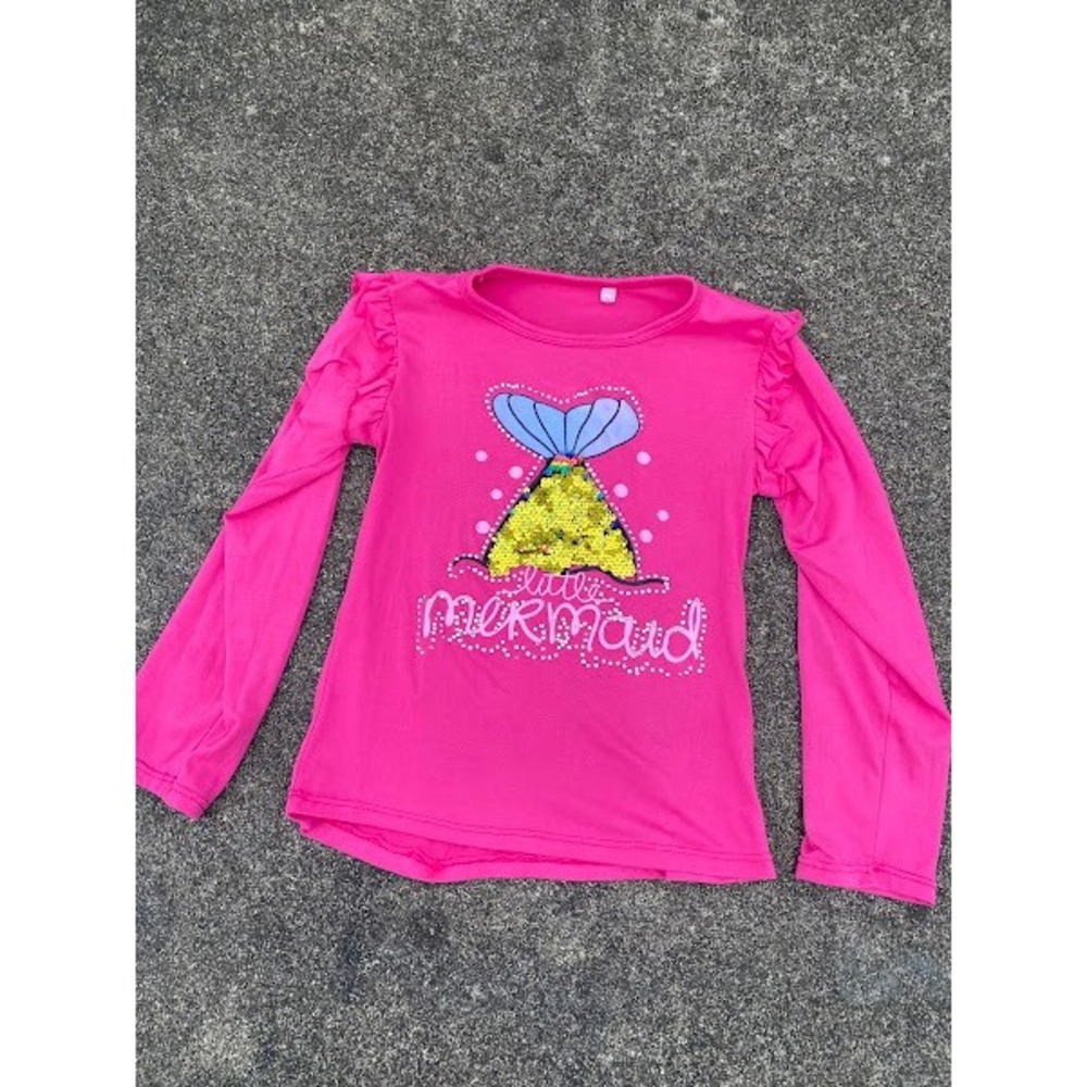Girls Hot Pink Little Mermaid Sequin Ruffle Long Sleeve Graphic Top Shirt